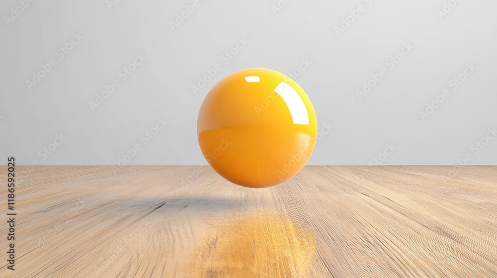 Poster yellow glossy sphere levitating above wooden floor creating a captivating visual effect isolated on 