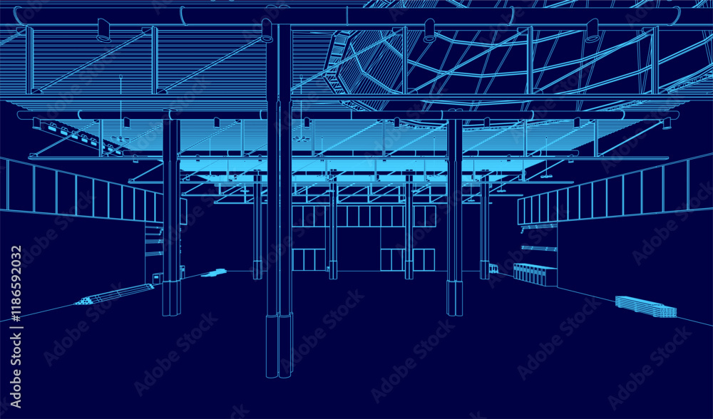 Poster building with a blue ceiling and blue walls. the building appears to be a large, open space with a l