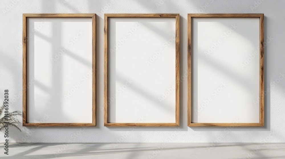 Poster three empty picture frames on a bright wall with natural light creating beautiful shadows and a mini