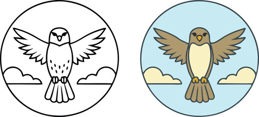 Flying Bird, Coloring Page, Outline, Sky, Clouds, Wings, Cartoon, Illustration, Nature, Avian