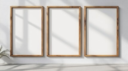 Three Empty Picture Frames on a Bright Wall with Natural Light Creating Beautiful Shadows and a Minimalist Aesthetic