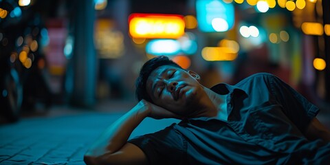 Obraz premium A man sleeping on the street, surrounded by urban colors and lights, conveying a moment of rest.