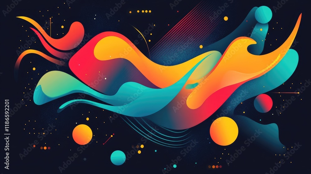 Poster dynamic colorful abstract fluid shapes with contrasting elements on dark background for modern desig