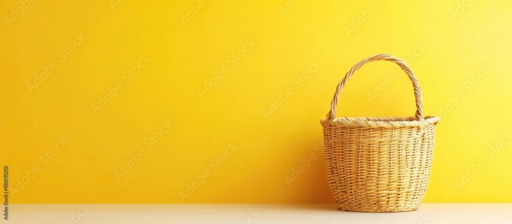 Poster yellow background with woven basket and french alphabet providing ample space for custom text elemen