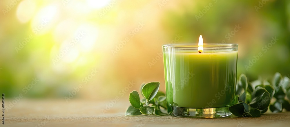 Aufkleber green candle glowing softly with blurred warm background creating a serene and cozy atmosphere for r