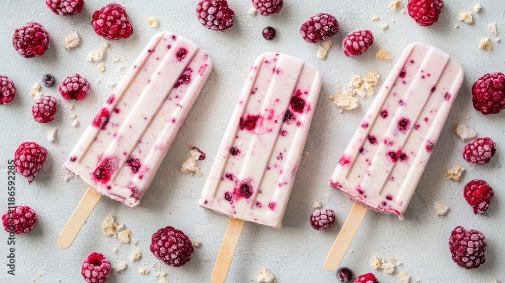 Poster refreshing raspberry yogurt ice cream popsicles surrounded by fresh berries on a soft light backgrou