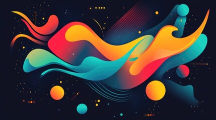 Dynamic colorful abstract fluid shapes with contrasting elements on dark background for modern design and creative projects