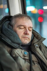 Fototapeta premium A man peacefully sleeping in public transport, capturing urban serenity.
