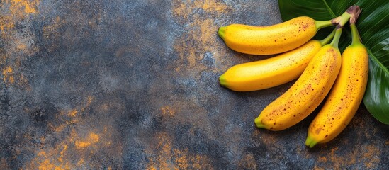 Fresh Yellow Bananas with Green Leaves on Rustic Background Ideal for Food Advertising and Text Placement