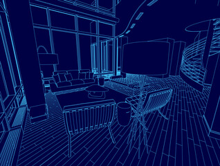 Blue room with a couch, a chair, and a table. The room is empty and has a modern feel