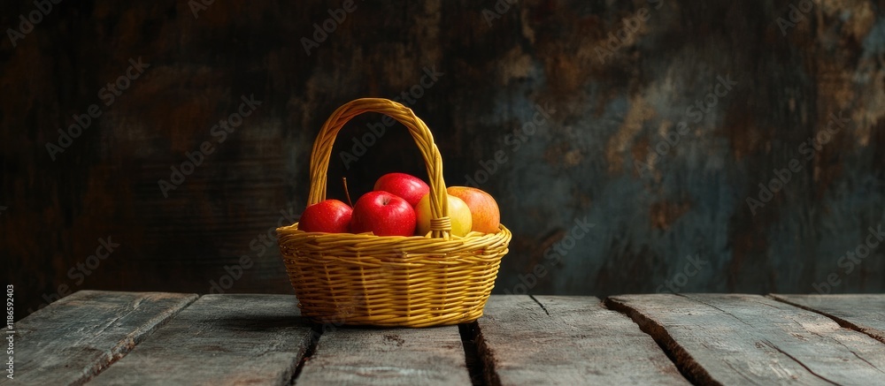 Poster basket of ripe apples on rustic wooden table with empty space for text and textured dark background 