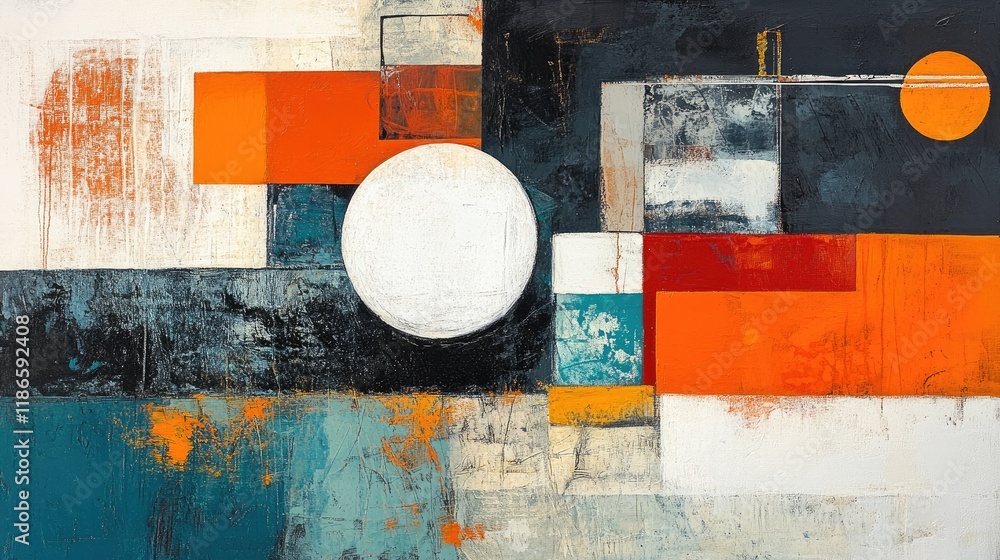 Poster abstract geometric composition with bold colors and textures creating a dynamic visual experience in