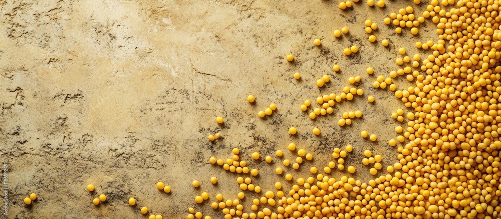 Poster yellow beads scattered on textured background with ample negative space for creative text placement 