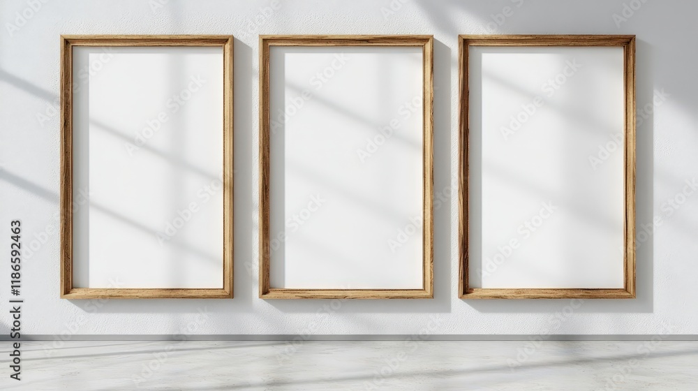 Poster a minimalistic interior design showcasing empty frames on a stylish wall illuminated by sunlight