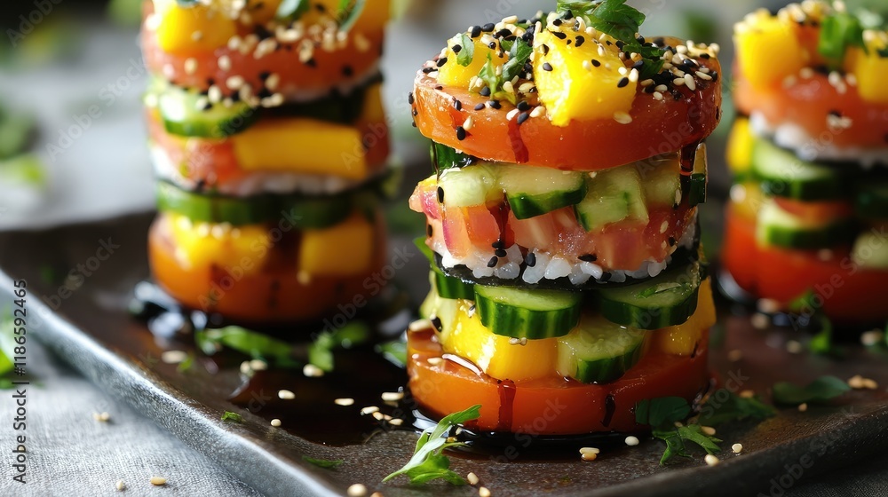 Poster tuna sushi stacks layered with mango cucumber and tomato salsa garnished with balsamic vinegar nigel