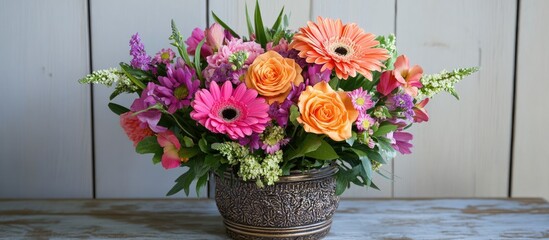 Fototapeta premium Colorful flower arrangement in decorative vase on rustic table adding charm and brightness to home interior dÃ©cor