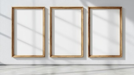 A minimalistic interior design showcasing empty frames on a stylish wall illuminated by sunlight