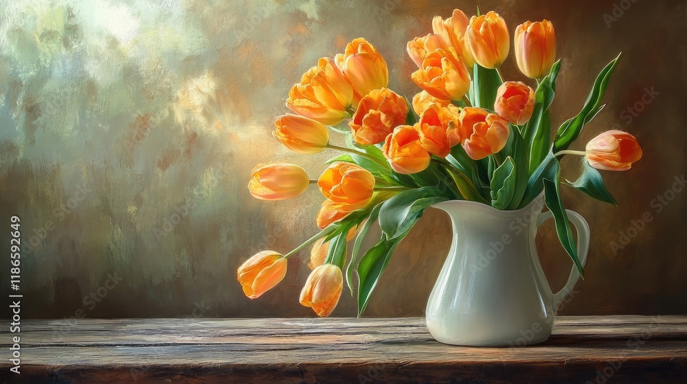 Poster vibrant orange tulips in a white jug creating an elegant spring arrangement on a rustic wooden table