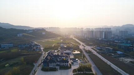 Fototapeta premium Sunrise Over Cityscape: An aerial view captures the sun rising over a sprawling cityscape nestled between rolling hills. The hazy morning light bathes the scene in a golden glow.