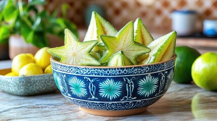 Star fruit slices in a decorative blue bowl