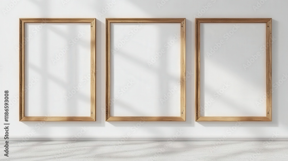 Poster three empty wooden frames on a bright wall casting soft shadows in a modern interior setting