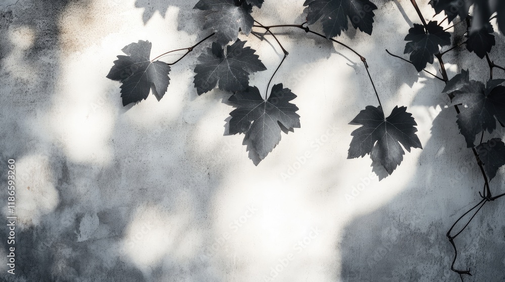 Poster gray shadow of grape leaves on a textured wall creating an abstract nature scene with space for text