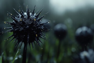 Black Spiky Seed Pod in a Misty Forest: A close-up shot of a black spiky seed pod covered in raindrops against a background of soft, green foliage and swirling mist.