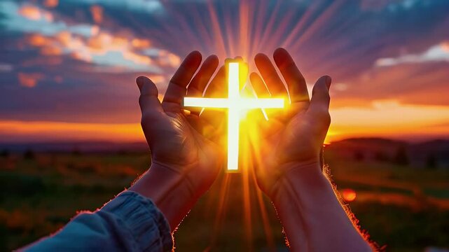 Hands holding glowing cross at sunset, faith, hope, prayer, spiritual peace
