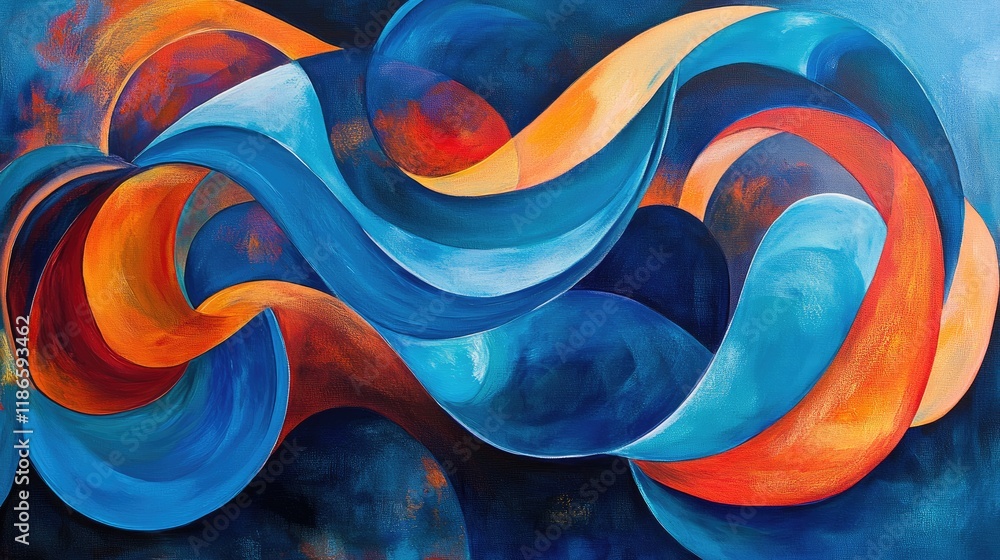 Aufkleber vibrant abstract artwork featuring flowing blue orange and red tones with dynamic shapes creating vi