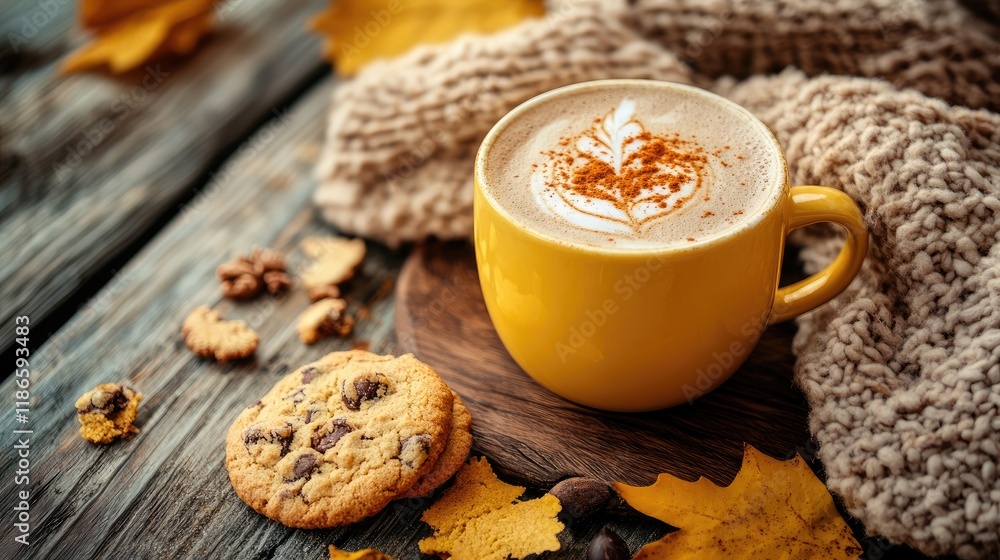 Poster Turmeric latte with cookies on a rustic table showcasing warm autumn vibes and cozy textures in a seasonal setting