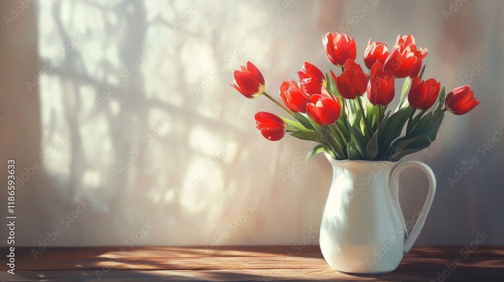 Poster tulips in a white jug creating a vibrant spring bouquet on a rustic wooden table with soft light and