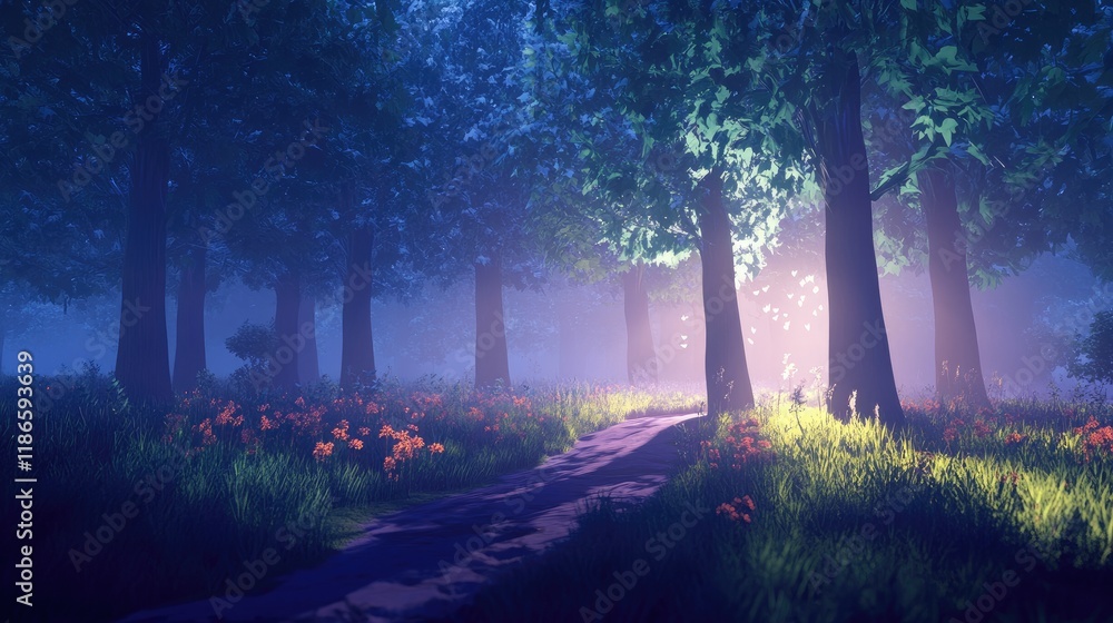 Poster mysterious twilight forest pathway surrounded by trees and soft glowing light