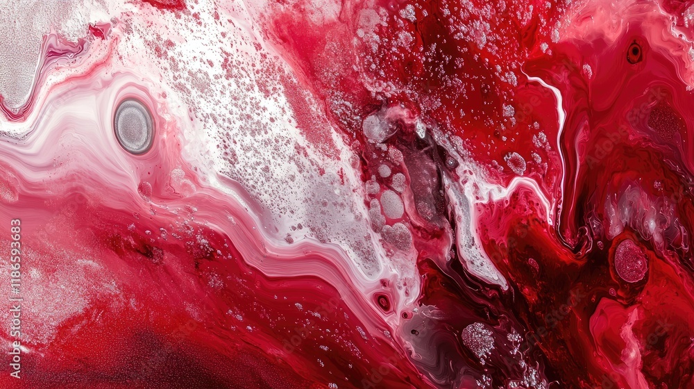 Poster vibrant abstract digital artwork featuring deep red tones and silver highlights creating a dynamic a