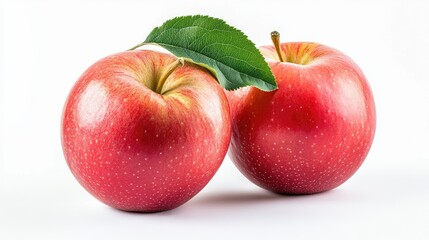 Red apples with fresh green leaves arranged on a clean white background for appealing food and health concepts.