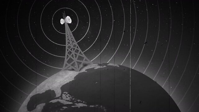 Retro antenna, bad signal. A retro-style global broadcasting tower.