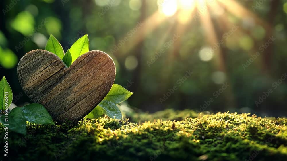 Poster wooden heart surrounded by greenery with sunlight filtering through trees in a serene forest setting
