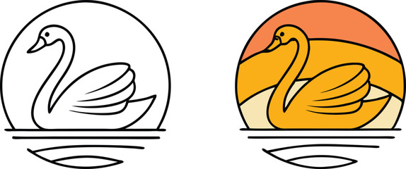 Elegant Swan Lake Sunset Logo Designs Line Art Illustrations © Bappaditya Roy