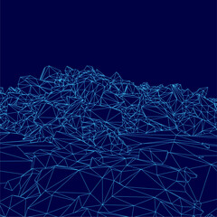 Blue mountain range with a blue sky in the background. The mountains are made up of many small triangles