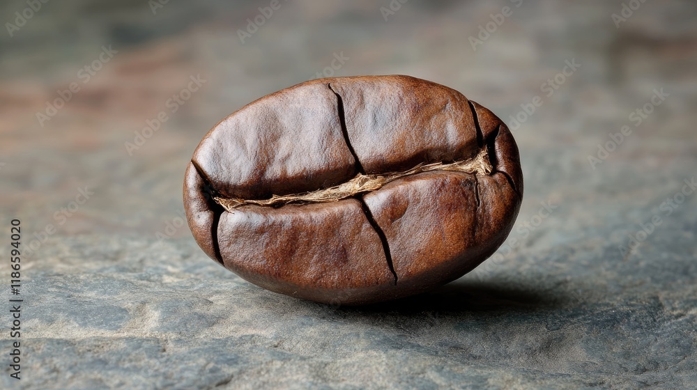 Poster macro shot of a single roasted coffee bean on a textured background showcasing its rich color and un