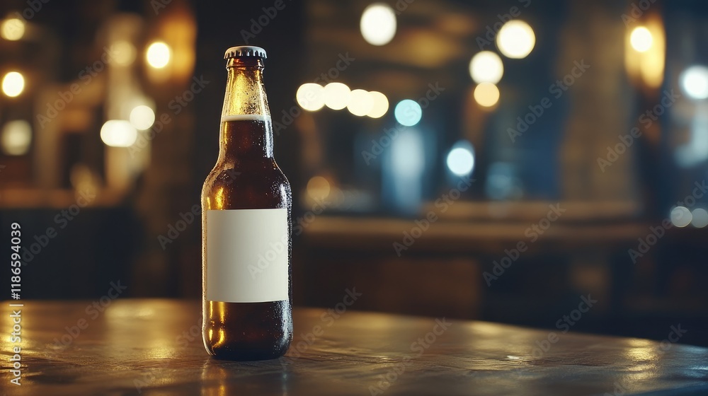 Poster single ice cold beer bottle on a wooden table with blank label in a cozy bar setting with soft ambie