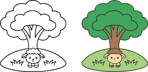 Cute Lamb Underneath a Tree, Coloring Page Illustration