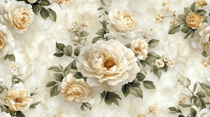 Creamy roses on marble background, seamless floral pattern.