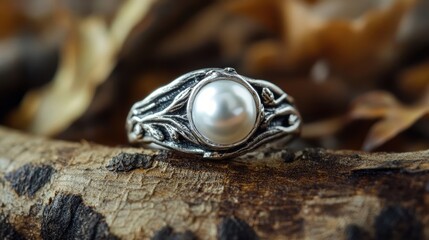Silver ring with a white pearl delicately set against textured bark background showcasing elegance and natural elements in jewelry photography