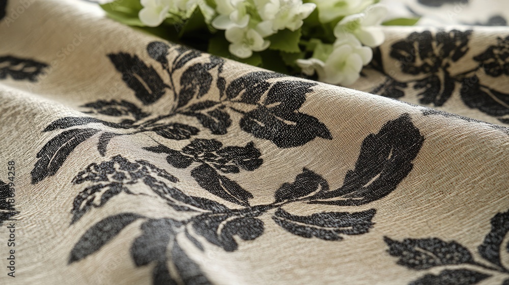 Poster elegant fabric with black floral patterns draped elegantly over a surface adorned with subtle textur