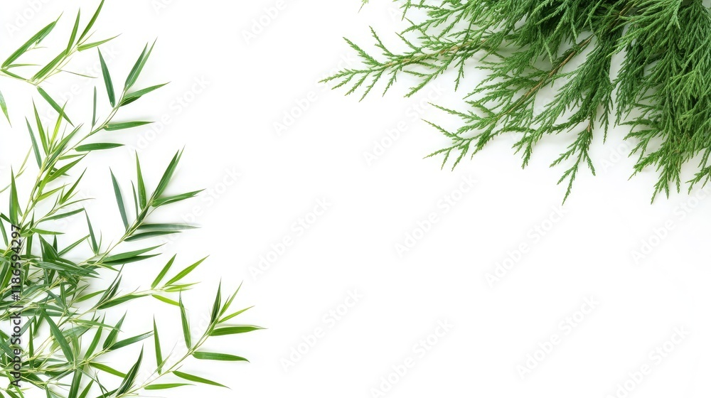 Aufkleber bamboo and cypress tree branches artistically arranged on a clean white background for nature and de