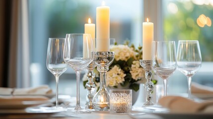 Elegant Table Setting with Sculptural Candle Holders and Floral Centerpiece for Romantic Dinner Occasion