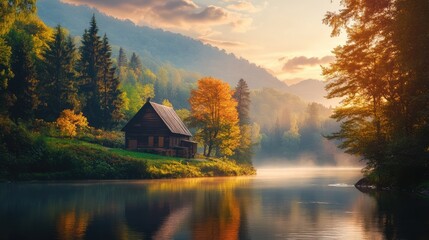 Fototapeta premium Tranquil Autumn Landscape with Rustic Cabin by Serene River and Misty Mountains at Sunrise