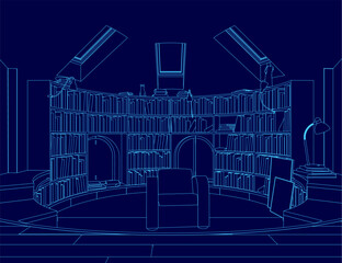 Blue drawing of a library with a fireplace and a chair. The room is filled with bookshelves and a large circular table