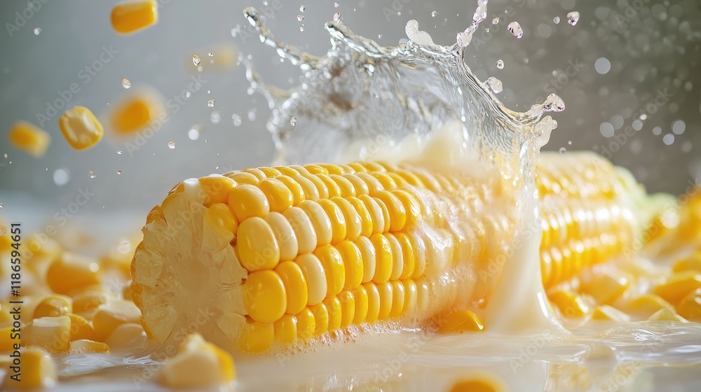Poster corn cob submerged in creamy milk splash with flying kernels creating a dynamic and vibrant food com