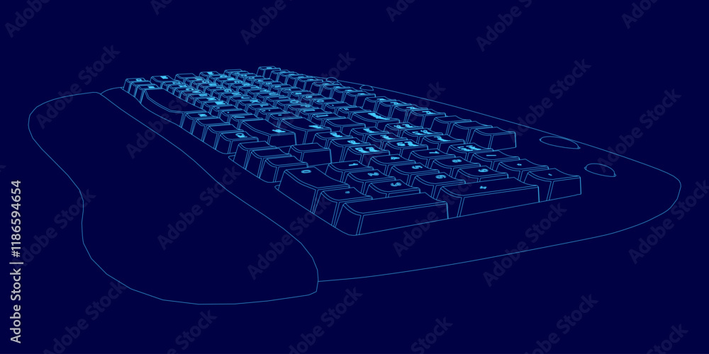 Poster keyboard with a blue background. the keyboard is made up of many dots. the keyboard is not real, but
